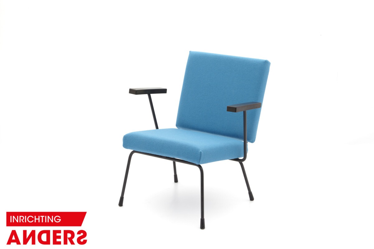 Gispen 1401 Fauteuil van Wim Rietveld voor Gispen, 1950s  Aqua Blue tonus wol Inrichting Anders Nieuwe en Tweedehands Designmeubels