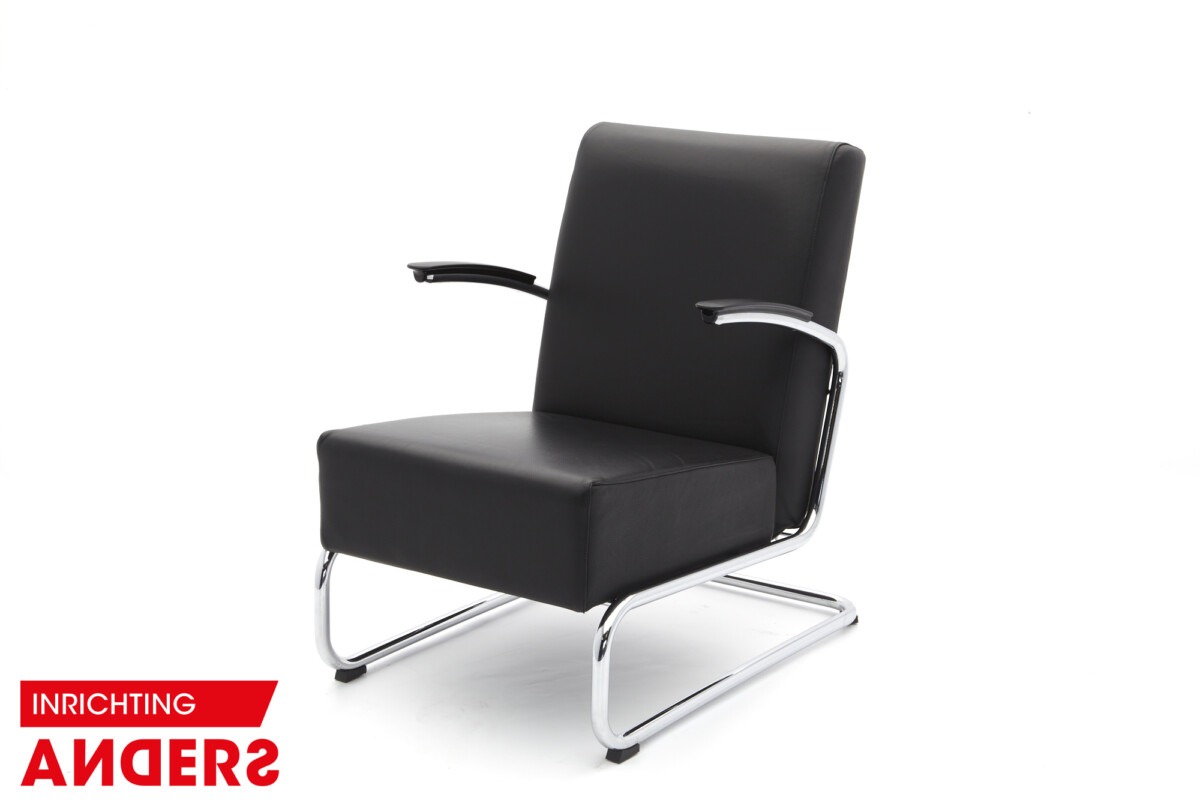 Gispen 405 Fauteuil Slede Zwart Leer Inrichting Anders Nieuwe en Tweedehands Designmeubels