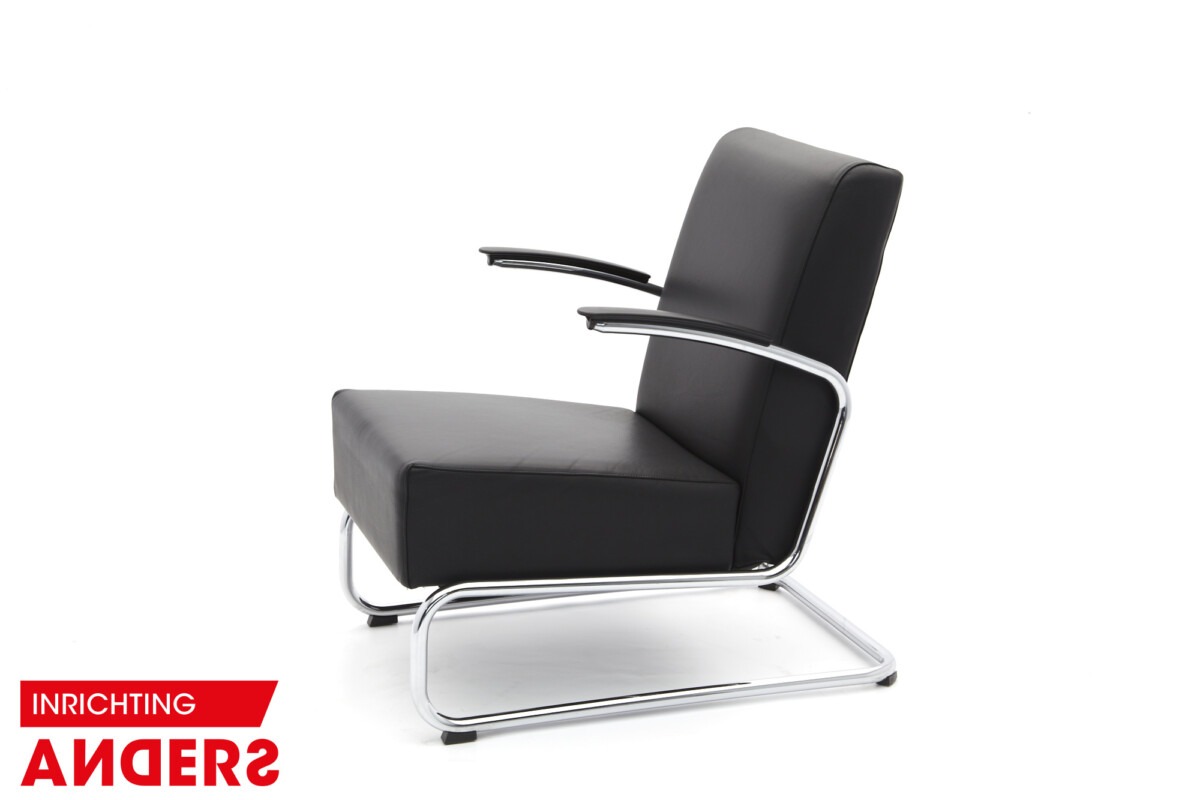 Gispen 405 Fauteuil Slede Zwart Leer Inrichting Anders Nieuwe en Tweedehands Designmeubels