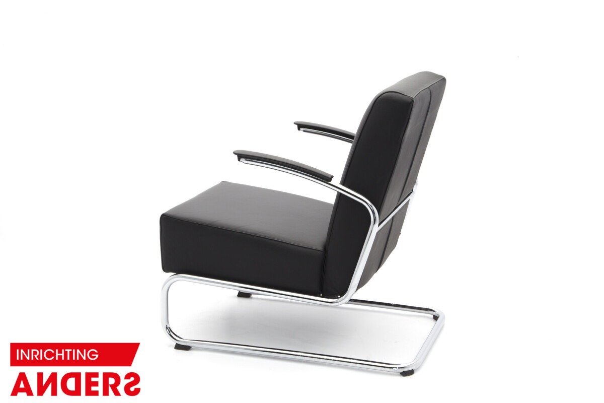 Gispen 405 Fauteuil Slede Zwart Leer Inrichting Anders Nieuwe en Tweedehands Designmeubels