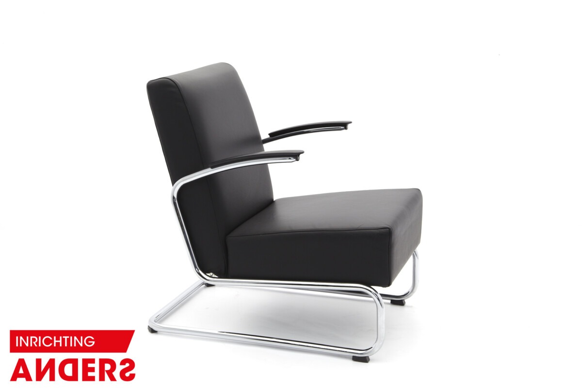 Gispen 405 Fauteuil Slede Zwart Leer Inrichting Anders Nieuwe en Tweedehands Designmeubels