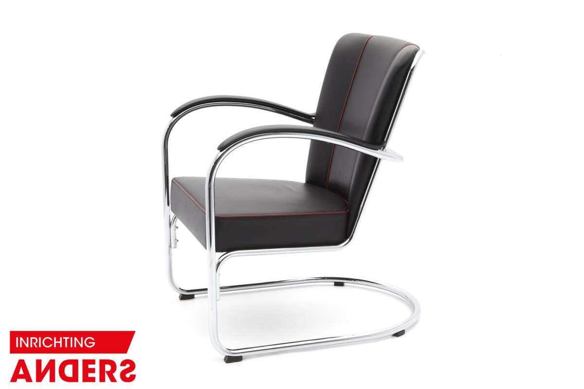 Gispen 412 Fauteuil zwart leer met rode bies Inrichting Anders Nieuwe en Tweedehands Designmeubels