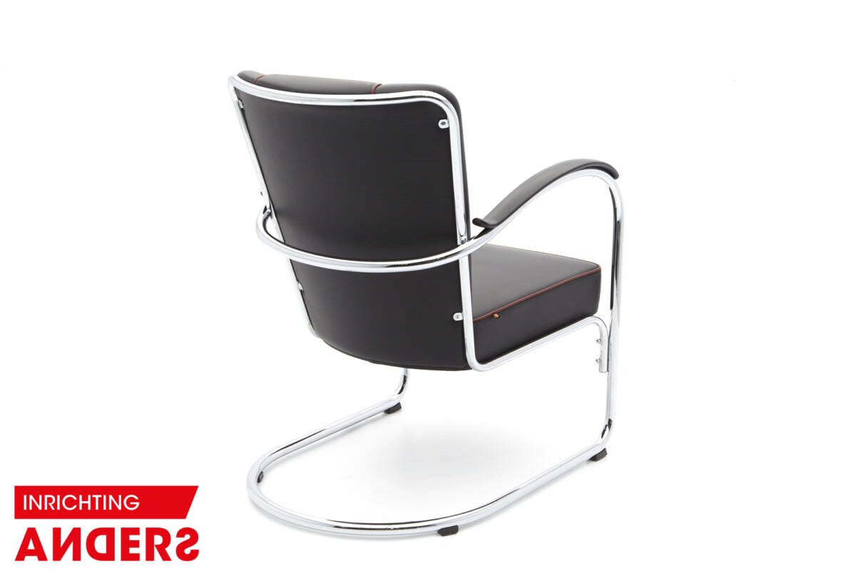 Gispen 412 Fauteuil zwart leer met rode bies Inrichting Anders Nieuwe en Tweedehands Designmeubels