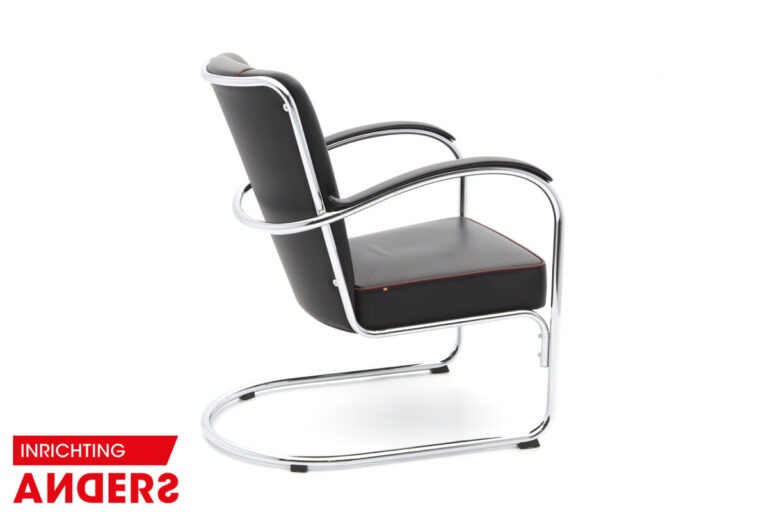 Gispen 412 Fauteuil zwart leer met rode bies Inrichting Anders Nieuwe en Tweedehands Designmeubels